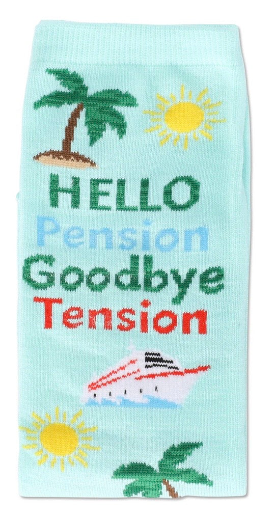 MeMoi’ Happy Retirement - Goodbye Tension Hello Pension Greeting Card Crew Socks - Aqua Splash