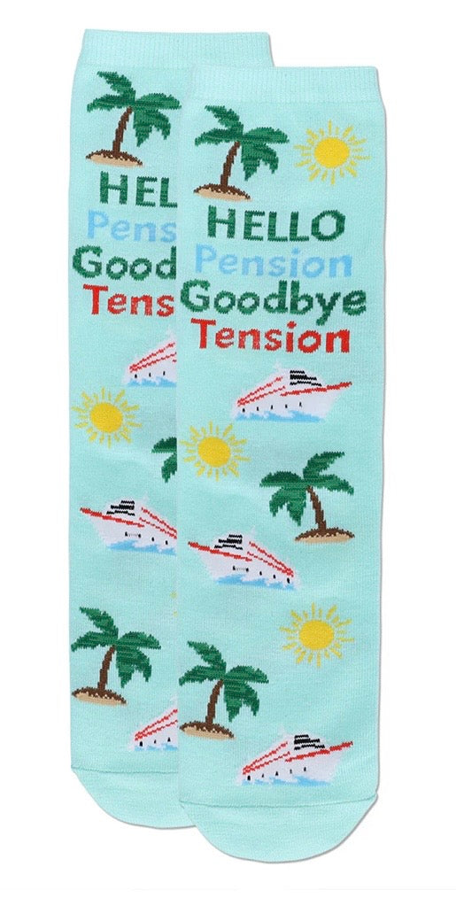 MeMoi’ Happy Retirement - Goodbye Tension Hello Pension Greeting Card Crew Socks - Aqua Splash