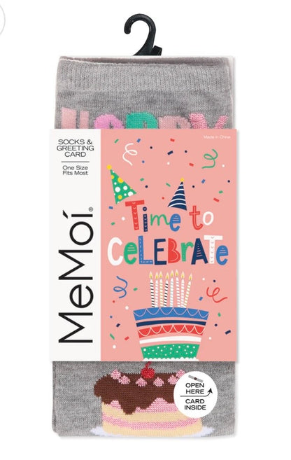 MeMoi’ Women's "Happy Birthday Cake Time" Greeting Card Crew Socks - Medium Heather Gray