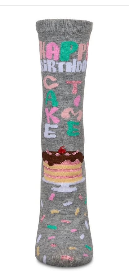 MeMoi’ Women's "Happy Birthday Cake Time" Greeting Card Crew Socks - Medium Heather Gray