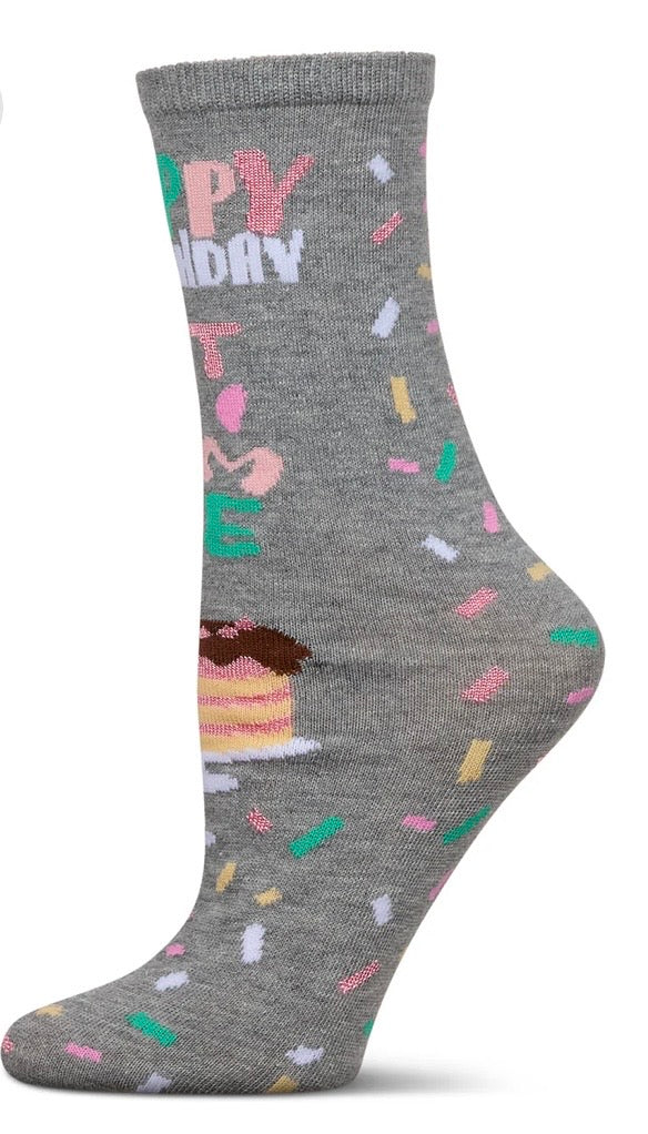 MeMoi’ Women's "Happy Birthday Cake Time" Greeting Card Crew Socks - Medium Heather Gray