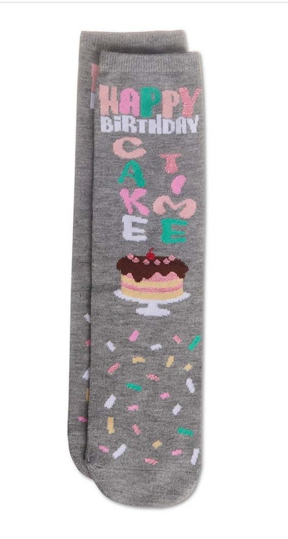 MeMoi’ Women's "Happy Birthday Cake Time" Greeting Card Crew Socks - Medium Heather Gray