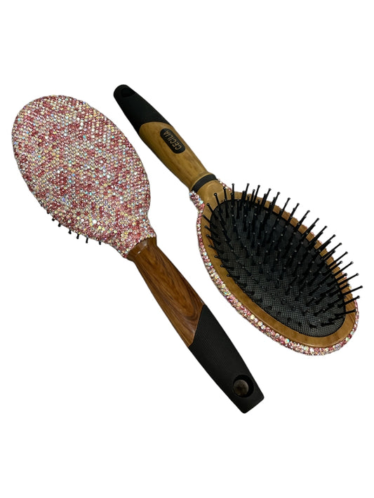 Wood Handled Pink Multi Rhinestone Hair Brush