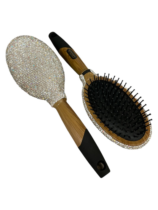 Wood Handled Silver Iridescent Rhinestone Hair Brush