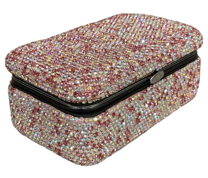 Pink Rhinestone Rectangular Jewelry Case With Mirror