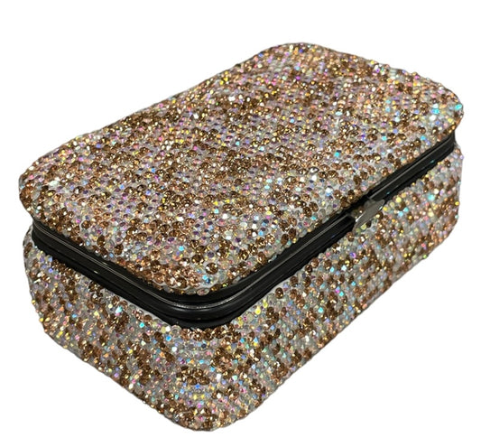 Gold Rhinestone Rectangular Jewelry Case With Mirror