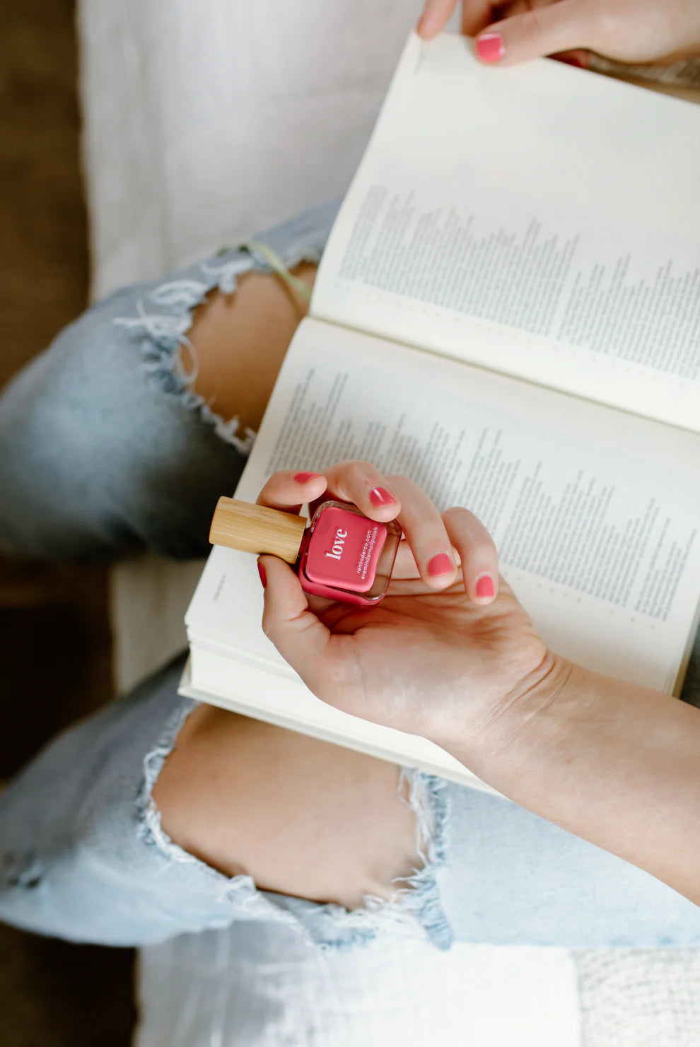 “Love” Non-toxic Nail Polish with an Inspirational reminder® - a soft, sun kissed coral. a cross between red and pink.