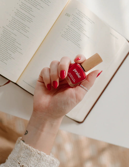 “Praise” Non-toxic Nail Polish with an Inspirational reminder® - your classic red, elegant and timeless.