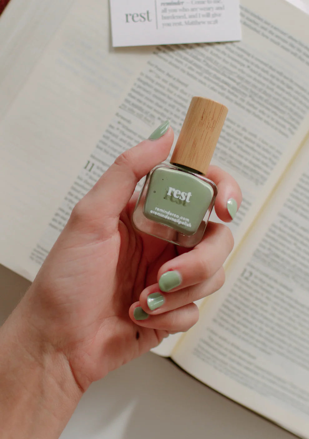 “Rest” Non-toxic Nail Polish with an Inspirational reminder® - a delicate, earthy green