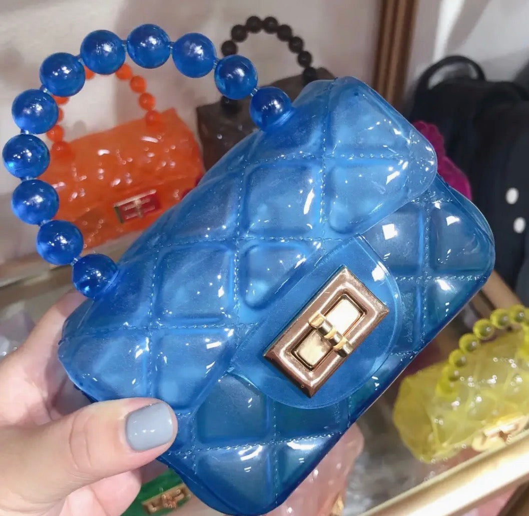 Mini Jelly Plastic Purse / Bag with Beaded Handle & Gold Chain available in 7 colors