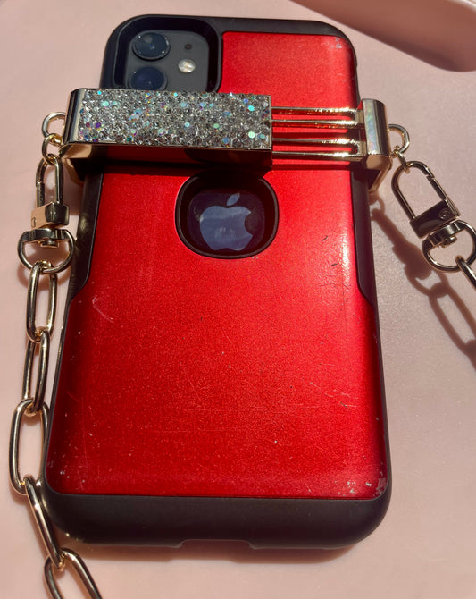 Rhinestone Cell Phone Clip with Adjustable Gold Crossbody Chain
