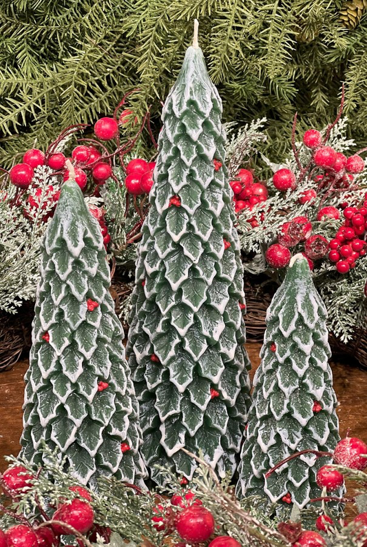 Green Holly Tree with Berries Christmas Candles - Available in 3 sizes - 6”, 8”, 10”