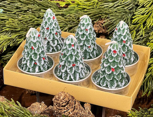 Green Holly Tree with Berries Mini Christmas Candles - Box of 6