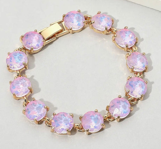 Bracelet - Round Cushion Cut Crystal Glass & Linked with clasp in gold - lavender opal