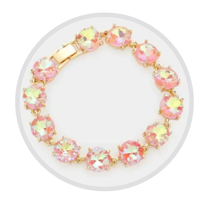 Bracelet - Round Cushion Cut Crystal Glass & Linked with clasp in gold - pink/orange opal