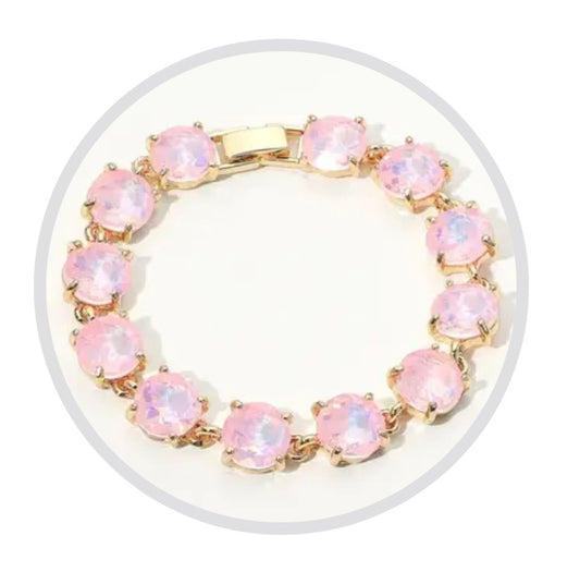 Bracelet - Round Cushion Cut Crystal Glass & Linked with clasp in gold - pink opal