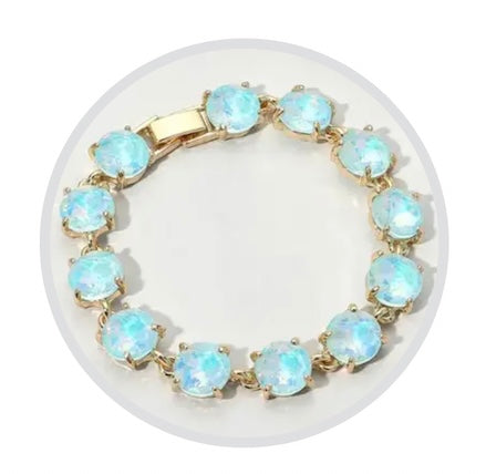 Bracelet - Round Cushion Cut Crystal Glass  Linked with clasp in gold - aqua opal
