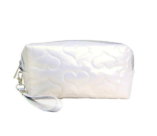 Pearl White Heart Puffer Cosmetic Bag