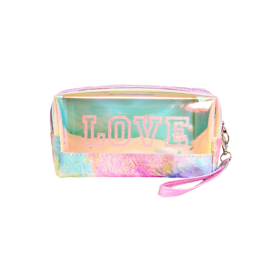 LOVE Holographic Iridescent Pink Wrinkled Pouch/ Cosmetic Bag