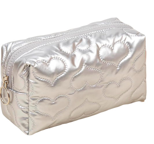 Silver Heart Puffer Cosmetic Bag