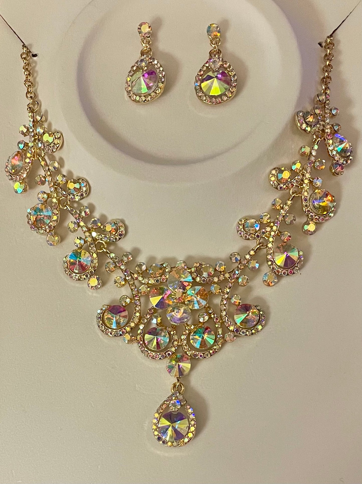 Iridescent Rhinestone Necklace and Earring Set