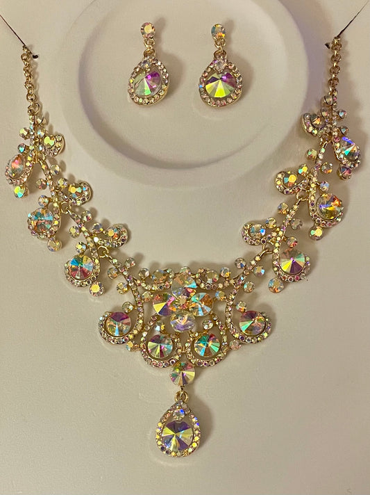 Iridescent Rhinestone Necklace and Earring Set