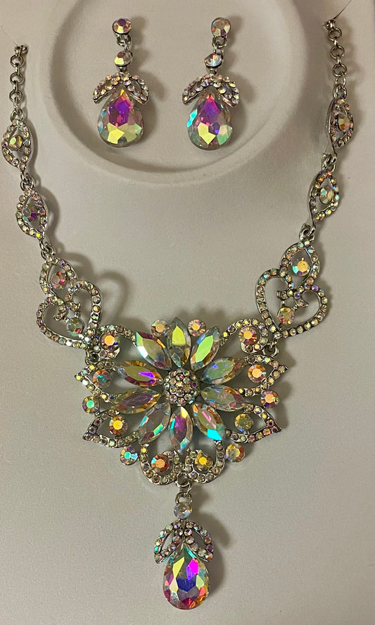 Iridescent Rhinestone Necklace & Earring Set