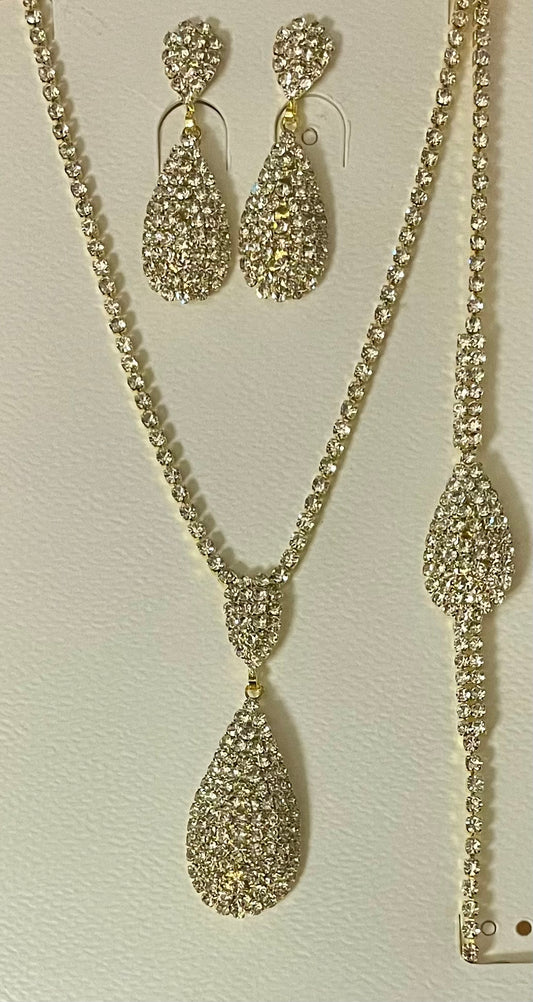 Rhinestone & Gold tone (3 piece) Necklace, Earring & Bracelet Set