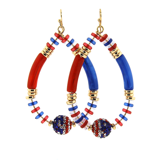 Cylinder Bead Rhinestone American Flag Ball Multi-Colored Earrings