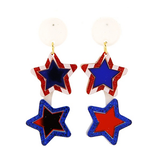 Water & Tree Resin American Flag Star Drop Multi-Colored Earrings