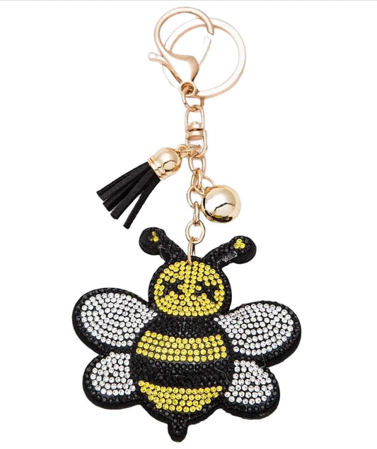 Bling Rhinestone Bumblebee Puffy Tassel Keychain Purse Charm