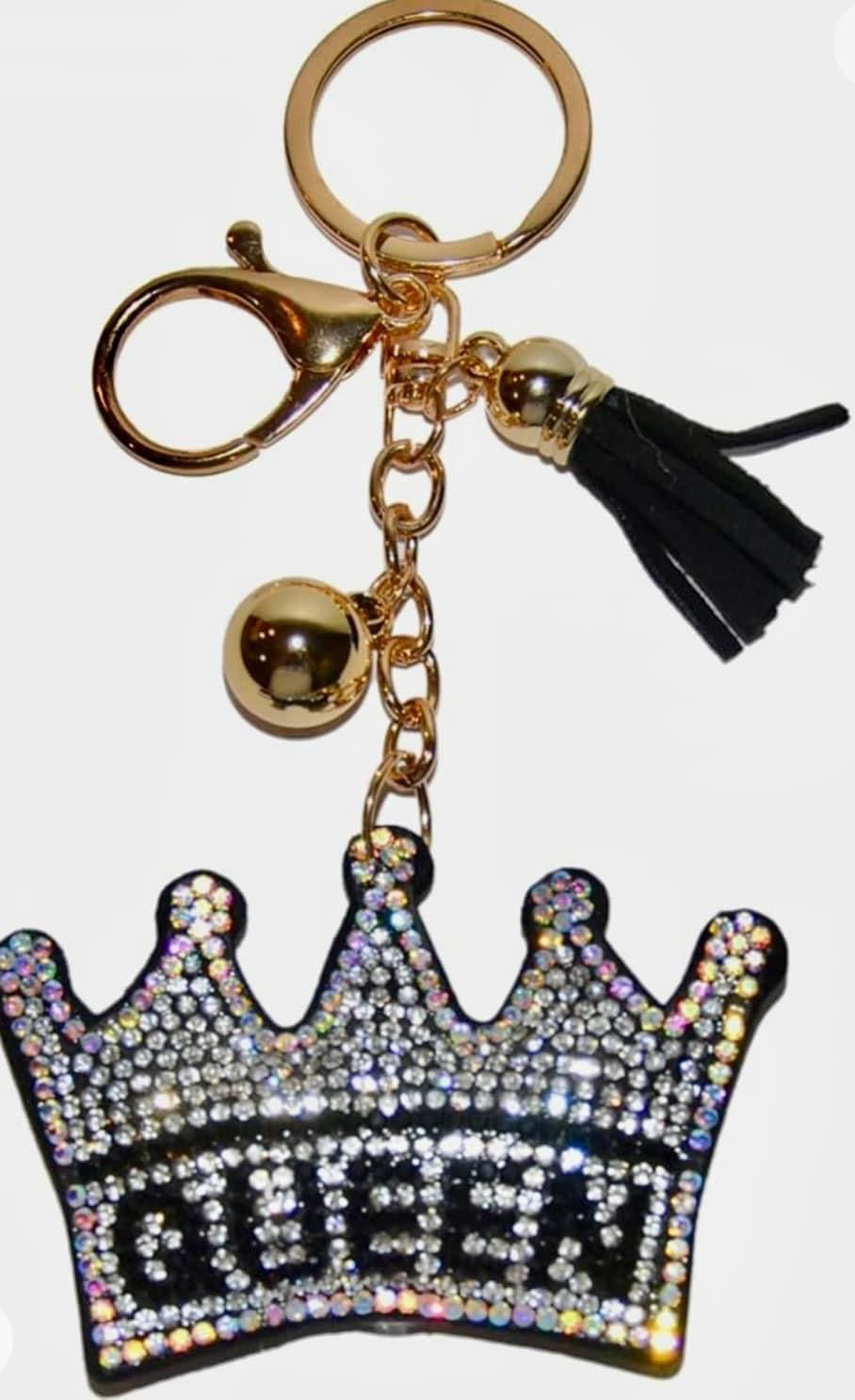 Bling Rhinestone Queen Tiara Puffy Tassel Keychain Purse Charm