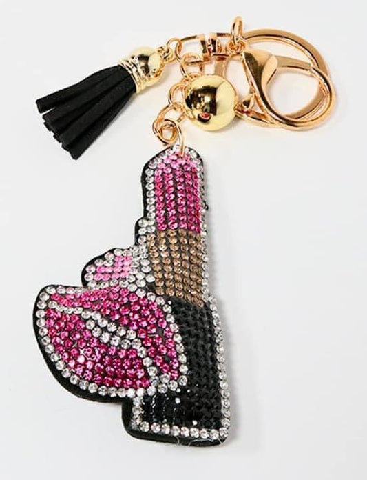 Bling Rhinestone Pink Lipstick Puffy Tassel Keychain Purse Charm