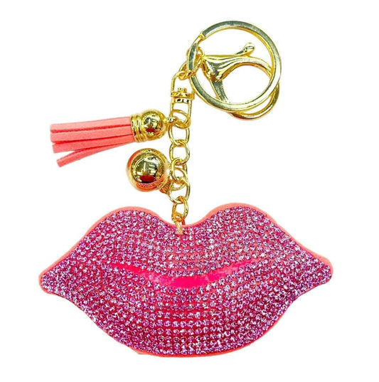 Bling Rhinestone pink lips Puffy Tassel Keychain Purse Charm