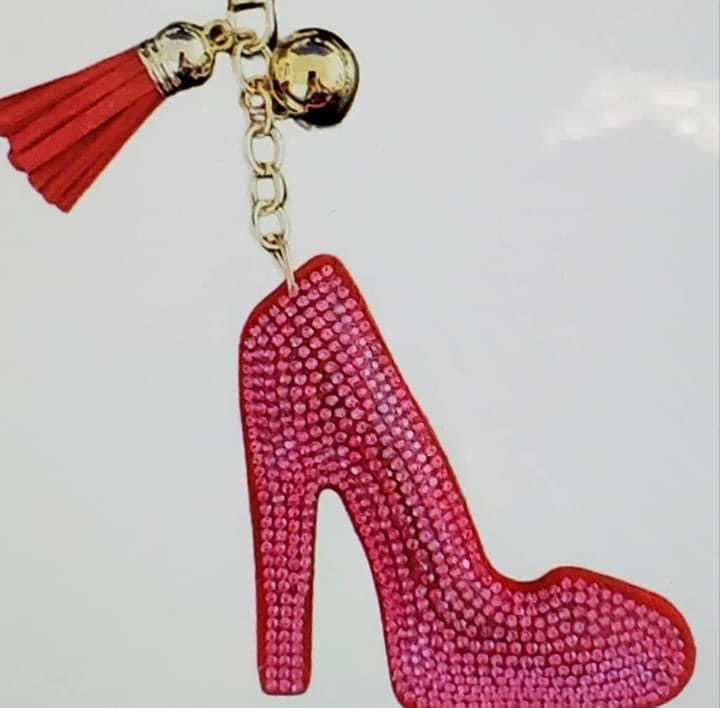 Bling Rhinestone Pink High Heel Puffy Tassel Keychain Purse Charm