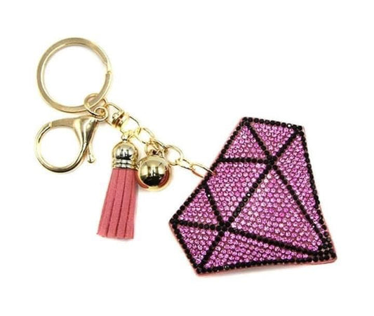 Bling Rhinestone Pink Diamond Puffy Tassel Keychain Purse Charm