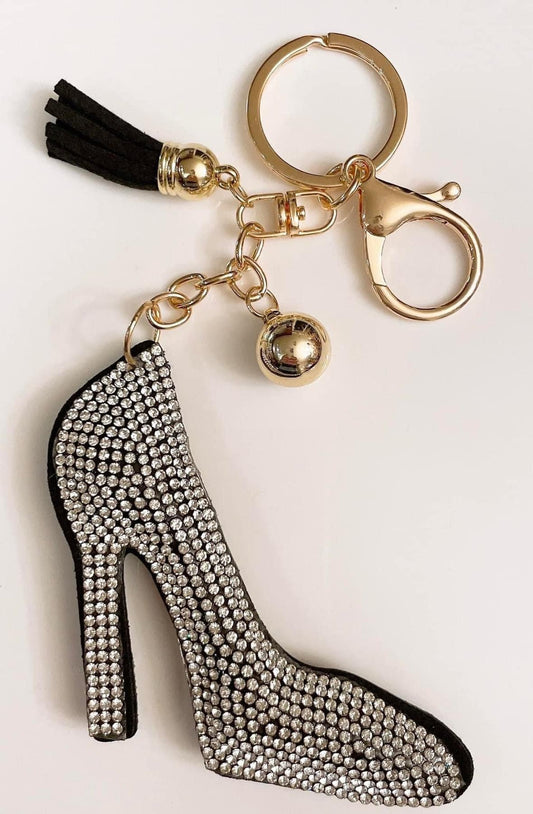 Bling Rhinestone Silver High Heel Puffy Tassel Keychain Purse Charm