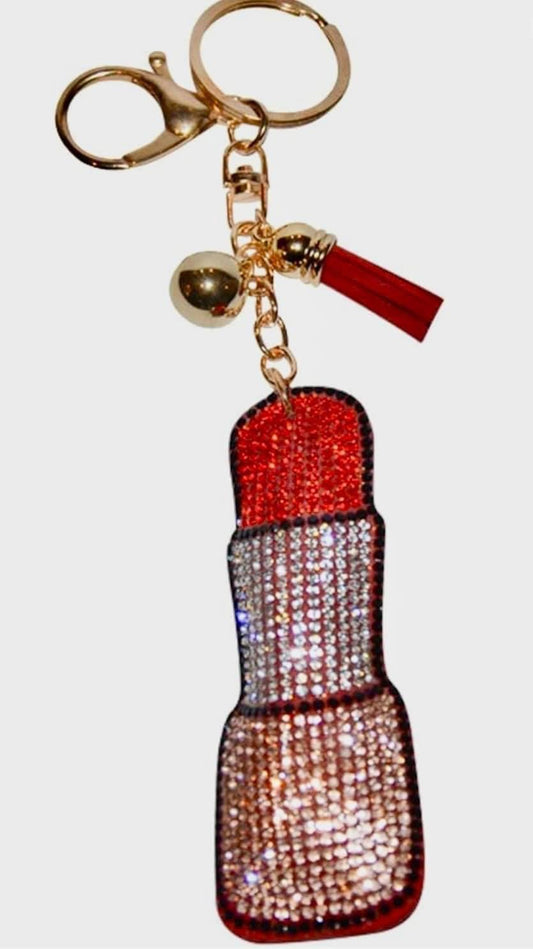 Bling Rhinestone Red Lipstick Puffy Tassel Keychain Purse Charm