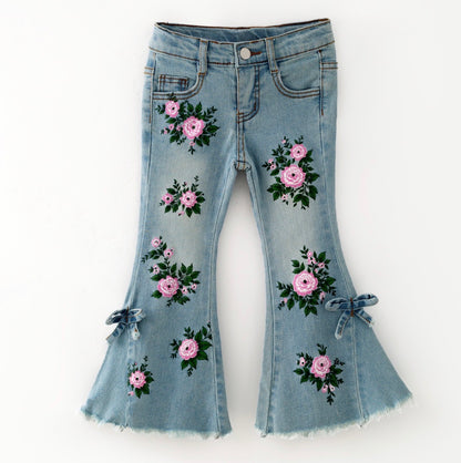Clothing for Toddler Girl - Painted Distressed Rosebud Denim Flares