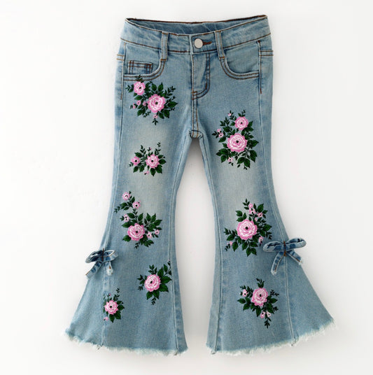 Clothing for Toddler Girl - Painted Distressed Rosebud Denim Flares