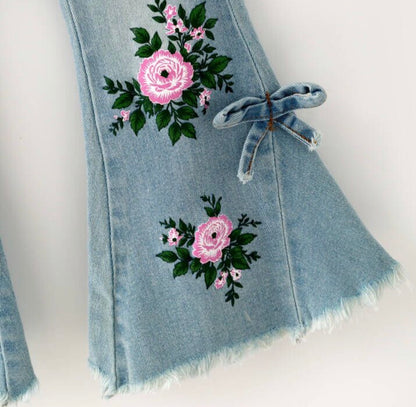 Clothing for Toddler Girl - Painted Distressed Rosebud Denim Flares