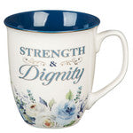Strength and Dignity Indigo Rose Ceramic Coffee Mug - Proverbs 31:25